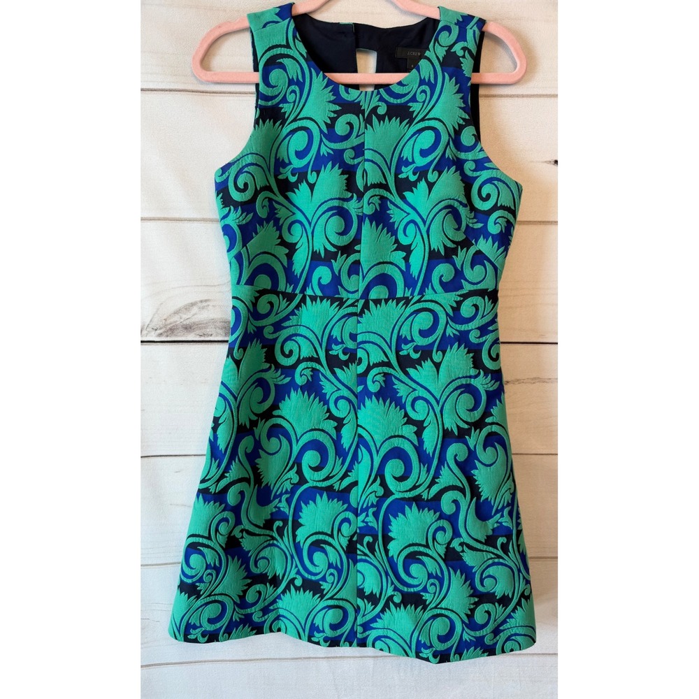 J.Crew Green Blue Jacquard Floral Damask Sleeveless Shift Dress 6 RN77388